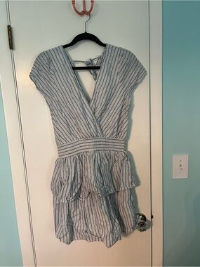 American Eagle Outfitters Blue and White Striped V-Neck Mini Dress